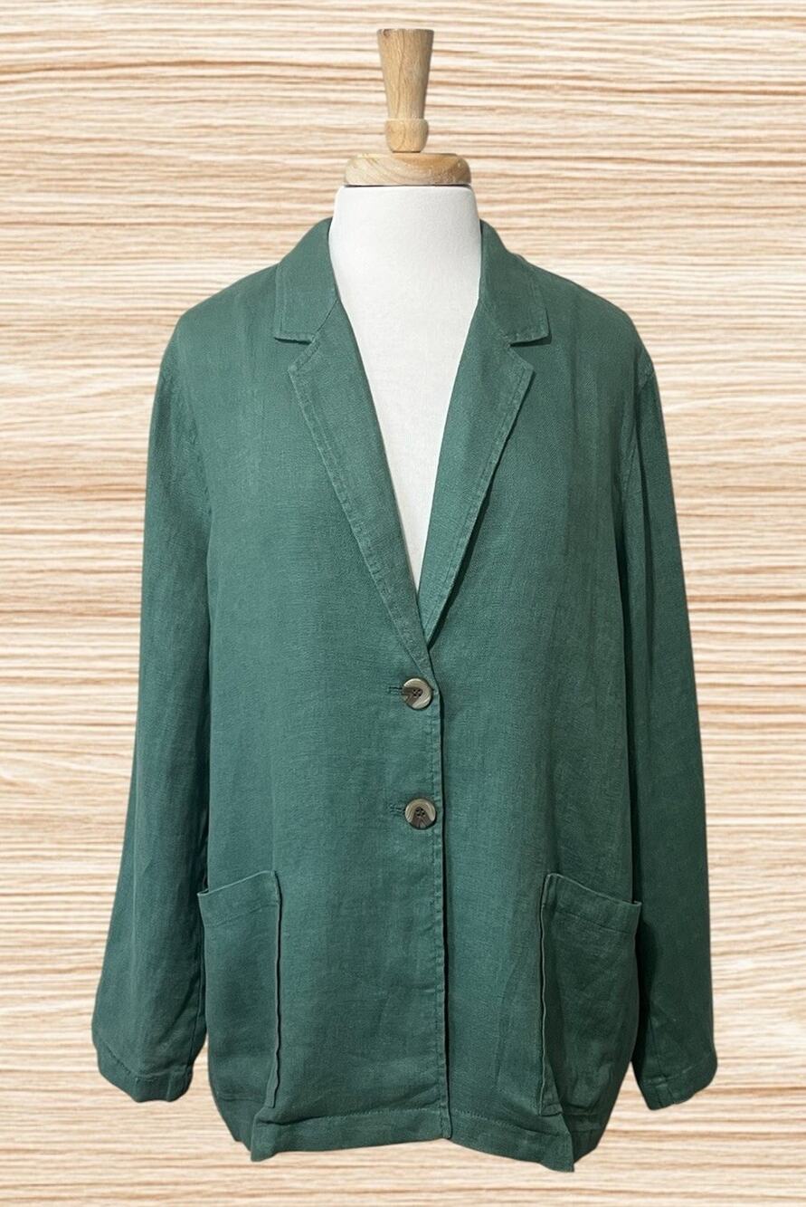 Coldwater Creek Linen Blazer Jacket Size XL Green Pockets Two-Button Lagenlook